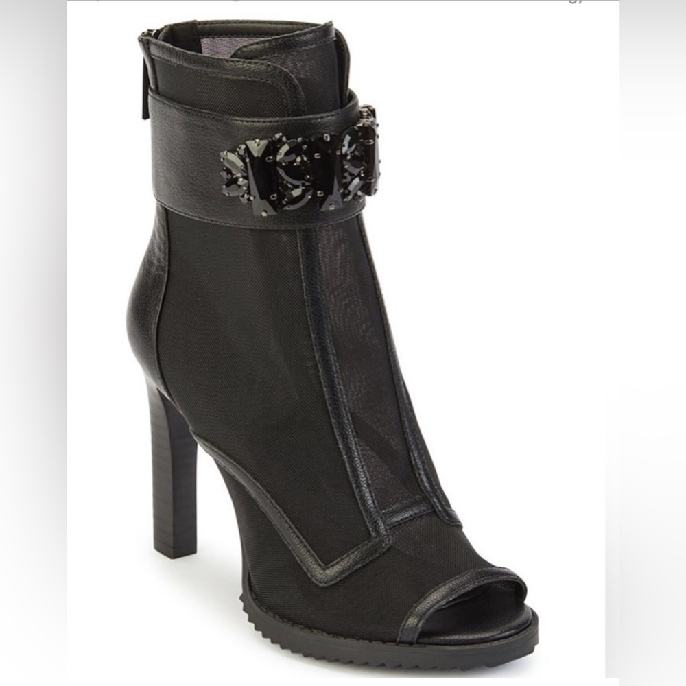 KARL LAGERFELD Womens Black Mesh Sheer Blayze Toe Block Heel Boots Size 5.5 NIB